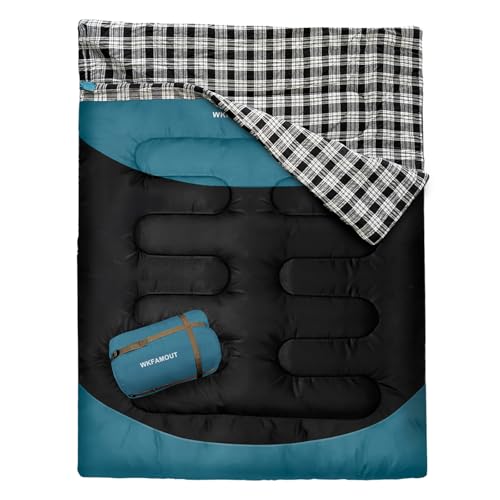 Double Sleeping Bag for Adults Machine Washable 2 Person Camping Sleeping Bag Queen Size Waterproof with Compression Sack for Cold Weather 3-4 Seasons - color: CYAN