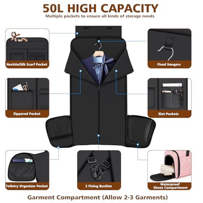 Rolling Garment Bags for Travel - Carry on Convertible Garment Duffle Bags with Wheels for Men Women, 4 in 1 Large Travel Duffel Bags with Shoes Compartment Hanging Suit Dress Weekender Bag 4pcs Set - color: Pink