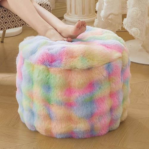 LIFEREVO Faux Rabbit Fur Round Inflatable Pouf Ottoman, 20" X 16" Waffle Bubble Floor Poufs Foot Stool Rest Anti-Slip Living Room Bedroom, Tie Dye Furry Foldable Ottoman Seat Home Decor, Rainbow - color: Rainbow