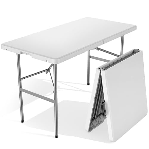 Sweetcrispy 4 FT Folding Picnic Table Easy to Fold and Store, Foldable Table for Camping Picnic Dining Party Kitchen Outdoor Indoor with Carrying Handle - color: Basic White, size: 4 FT