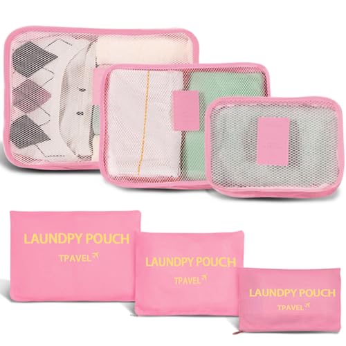 6 Set Packing Cubes for Travel Luggage Packing Bags Reusable Lightweight Suitcase Organizer Cubes Set for Travel Accessories (Pink) - color: Pink