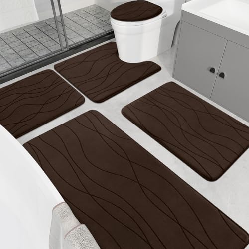 YIHOUSE Memory Foam Bathroom Rug Sets, Brown, 5 Piece | Ultra Soft, Absorbent, Non-Slip, Machine Washable - color: Brown, size: 1'8" x 3'10" (Rectangular)