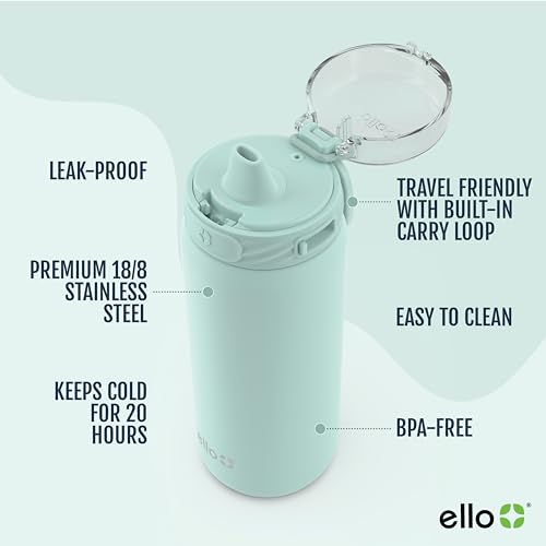 Ello Cooper 18oz Kids Stainless Steel Water Bottle with Straw and Carry Handle, Double Walled and Vacuum Insulated Metal, Leak Proof Locking Lid with Soft Silicone Spout, Reusable, BPA Free, Yucca - color: Yucca, size: 18 Ounces