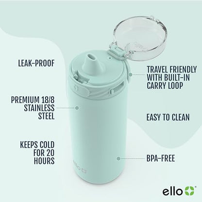 Ello Cooper 18oz Kids Stainless Steel Water Bottle with Straw and Carry Handle, Double Walled and Vacuum Insulated Metal, Leak Proof Locking Lid with Soft Silicone Spout, Reusable, BPA Free, Yucca - color: Yucca, size: 18 Ounces