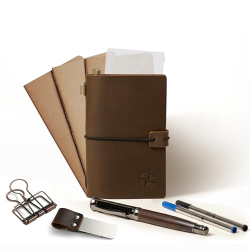 WANDERINGS Pocket Size Travelers Notebook Bundle – 4" x 5.1" (10 x 13cm) – Genuine Leather Journal with Pen Holder, Pen, 2 Ink Refills, PVC Folder & Binder Clip - size: Pocket