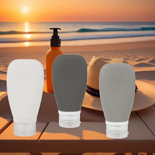Travel Bottles for Toiletries, TSA Approved 3oz (90ml) Leak Proof Silicone Refillable Squeeze Travel Size Containers BPA Free for Cleansers, Lotions, Shampoo 3-pk (Black-Gray-White) - color: Black-Gray-White