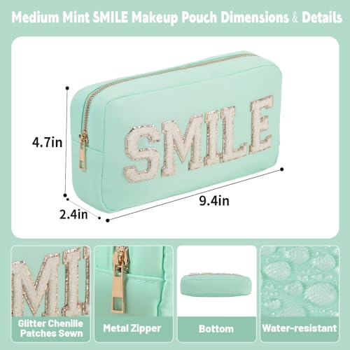 Small Nylon Cosmetic Pouch With Glitter Chenille Fashion Cute Makeup Bag Mini Toiletry Kit Zipper Pouch (M,Mint-Smile) - color: Mint-Smile, size: M