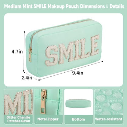 Small Nylon Cosmetic Pouch With Glitter Chenille Fashion Cute Makeup Bag Mini Toiletry Kit Zipper Pouch (M,Mint-Smile) - color: Mint-Smile, size: M