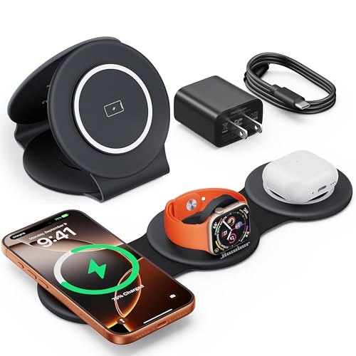HICOBER 3 in 1 Charging Station for Multiple Apple Devices, Compatible with iPhone 17/16/15/14/13, Apple Watch & AirPods, Foldable Fast Wireless Charger & Travel Charger for Home/Office/Trips - color: Black