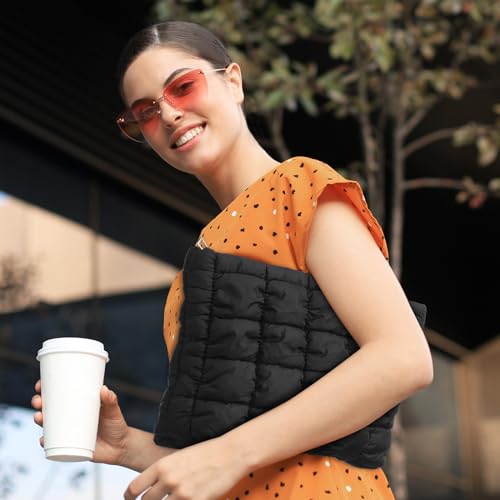 Hillban 1 Pcs Black Puffy Quilted Makeup Bag Quilted Cosmetic Bag Cute Puffer Toiletry Checkered Pouch Aesthetic Travel Makeup Brushes Organizer (Classic) - color: Black, size: Classic