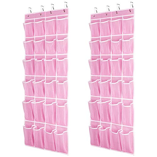 SAVERHO 2 Pack Hanging Shoe Organizer，Over Door Shoe Organizer with 24 Mesh Large Pockets Shoe Storage Bag for Sport Shoes Size:58x21 Inch Hanging Door Shoe Rack Organizer (Pink-2pack) - color: Pink-2pack of 24 pocket