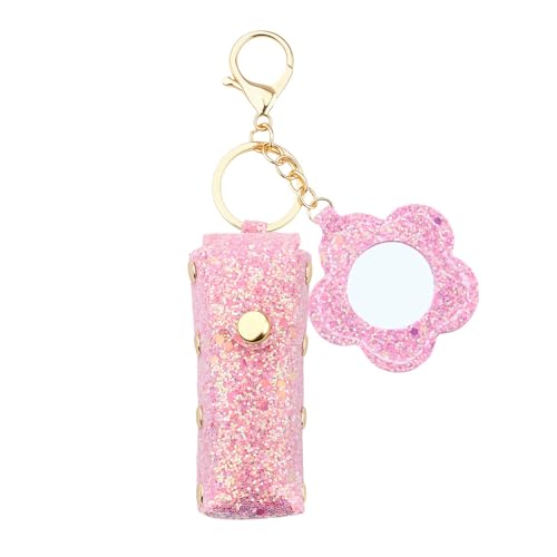 Sisadodo Glitter Lip Oil Holder Key Chains for Woman Lipstick Case with Mirror Lip Balm Keychain for Lipstick Case Keychain - color: Hot Pink-flower