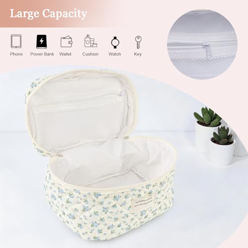 NATINSA Cute Makeup Bag for Women(2 Pcs), Travel Cosmetic Bags, Quilted Coquette Aesthetic Floral Toiletry Organizer Bag (47 - BlueMuDan) - color: 47 - BlueMuDan