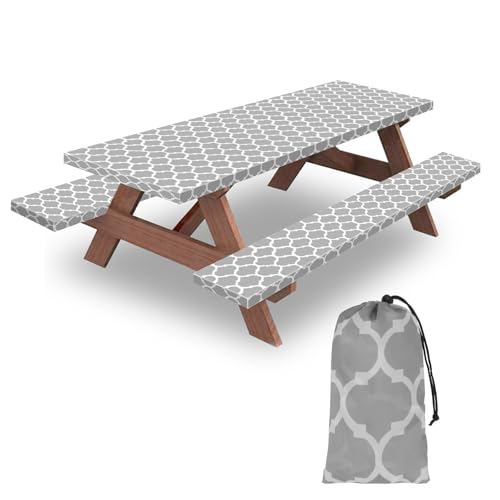 7ft Picnic Table and Bench Cover, Camping Essentials RV Gear, 84 in Waterproof Windproof Outdoor Elastic All Around Tablecloth, Fitted Rectangle Tables and Seats, Gray-White Moroccan - color: Gray-white Moroccan, size: 84"
