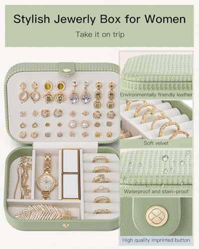 VLANDO Travel Jewelry Case, PU Leather Travel Jewelry Box with Earring Holder, Portable Display Small Jewelry Box for Mothers Day Women Girls Gift - Green - color: C.Green