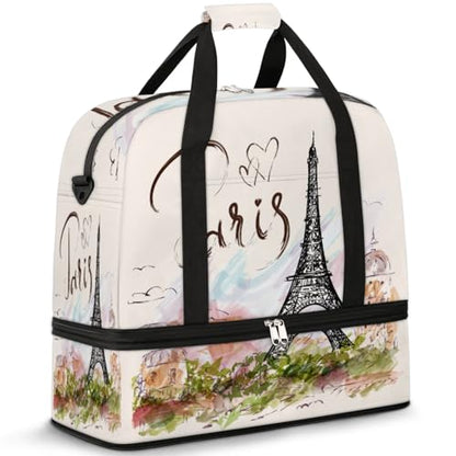 Paris Eiffel Tower Foldable Travel Duffel Bag, Expandable Sports Gym Bag with Shoes Compartment Weekender Overnight Totes Bags for Women Men - color: Paris Eiffel Tower
