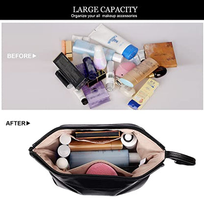 Abiudeng Large Capacity Makeup Bag Ladies Cosmetic Bag Travel Bag with Compartments Portable PU Leather Travel Makeup Bag with Handle - color: Black