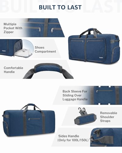 Gonex Large Foldable Travel Duffle Bag with Shoes Compartment, Packable Lightweight Water Repellent Duffel Bag for Camping Gym Weekender Bag - color: Dark Blue, size: 60L