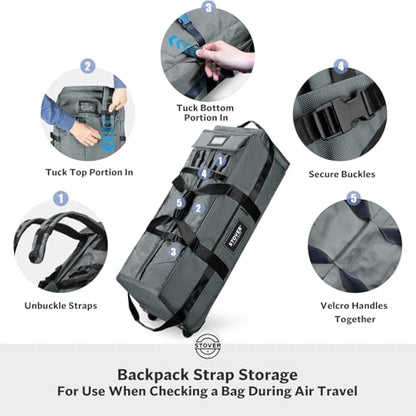 STOVER 45/80/100L Rolling Duffel Bag with Wheels, Large Durable Travel Duffle + Toiletry Bag, Heavy Duty, Packable, Foldable with Shoulder Straps- Use as Luggage or Backpack, Men/Women (Grey) - color: Grey