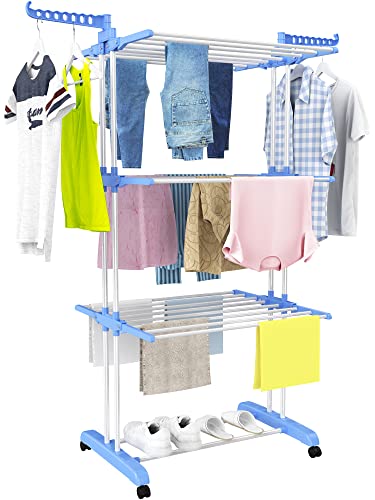 HOMIDEC Clothes Drying Rack, Large 4-Tier Foldable Drying Rack Clothing (67.7H x 19.7W x 30L Inches), Movable with 4 Castors. Multifunctional Stainless Steel Laundry Drying Rack, Blue - color: Blue