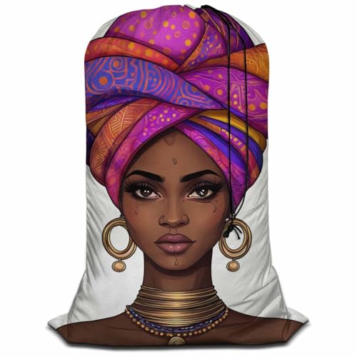 Swono Laundry Bag Drawstring Closure African Woman Black Woman with Glossy Lips Turban Heavy Duty Laundry Portable for Home Dorm Room Essentials for Travel Camp - color: African Woman