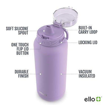 Ello Cooper 32oz Stainless Steel Water Bottle with Straw and Carry Handle, Double Walled and Vacuum Insulated Metal, Leak Proof Locking Lid with Soft Silicone Spout, Reusable, BPA Free, Lilac - color: Lilac, size: 32 Ounces