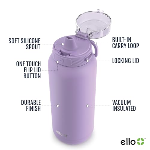Ello Cooper 40oz Stainless Steel Water Bottle with Straw and Carry Handle, Double Walled and Vacuum Insulated Metal, Leak Proof Locking Lid with Soft Silicone Spout, Reusable, BPA Free, Lilac - color: Lilac, size: 40 Ounces