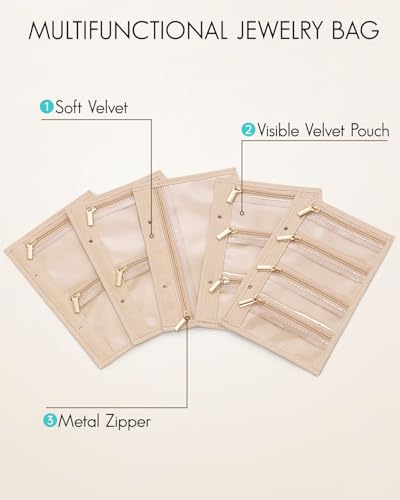 VLANDO Travel Jewelry Bags,Jewelry Storage Pouch,5 Pcs Clear Velvet Zipper Pockets Bag for Travel Business Trip Jewelry Organizer for Women Girls - color: 5 Pcs Bag