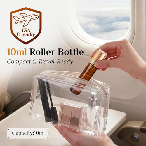 PrettyCare 60 Pack, 10 ml Essential Oil Roller Bottles with Stainless Steel Roller Ball - Bulk Refillable Leak-proof Empty Thick Amber Glass Roll on Bottles with Metal Caps for Travel, Perfume - color: Amber with Golden Cap, size: 60 Pack