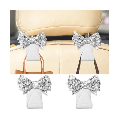 2PCS Bling Bow Car Seat Headrest Hook, Lovely Crystal Rhinestone Back Seat Storage Organizer for Handbag Purse Coat, Girly Sparkling Diamond Backseat Bag Hanger Holder, Universal Fit (White) - color: White