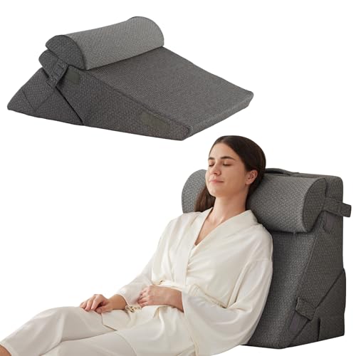 Bedluxe 3Pcs Orthopedic Bed Wedge Pillow Set, Foam Wedge Pillow Post Surgery for Back, Leg and Knee Support, Adjustable 9&12 Inch Folding Triangle Pillow for Sleeping, Acid Reflux, Snoring, Dark Grey - color: Dark Grey, size: Adjustable 9&12 Inch + 1 Head
