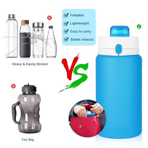 PLTCAT Collapsible Water Bottle, 19oz Foldable Bottle BPA Free Reusable Lightweight Leak-Proof Travel Silicone Water Bottle for Travel, Gym, Hiking, Office, Camping - color: Blue