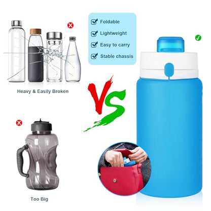 PLTCAT Collapsible Water Bottle, 19oz Foldable Bottle BPA Free Reusable Lightweight Leak-Proof Travel Silicone Water Bottle for Travel, Gym, Hiking, Office, Camping - color: Blue