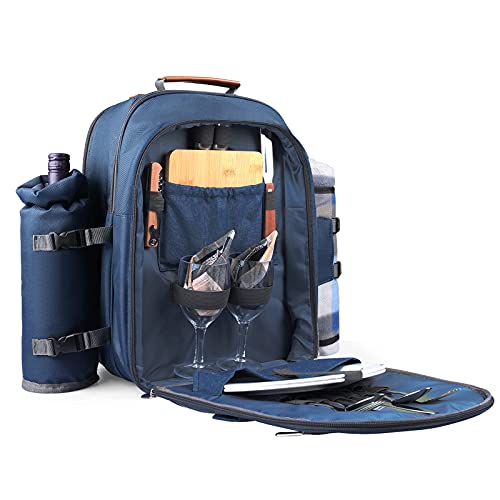 Sunflora Picnic Backpack for 2 Person Set Pack with Insulated Waterproof Pouch for Couple Outdoor Camping (Navy) - color: Navy Blue, size: 2 person