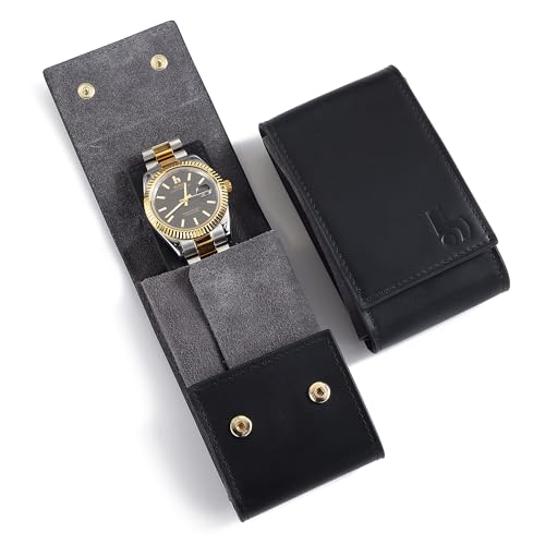BUREI Leather Watch Travel Case Pouch Portable Watch Case for Men Single Watch Band Storage Bag Watch Accessories (Brown Black) - color: black grey