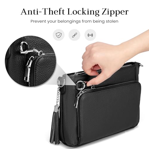 befen Anti Theft Genuine Leather Crossbody Bags for Women Handbags and Shoulder Basg with Built in Wallet RFID Leather Purse - color: Deep Black