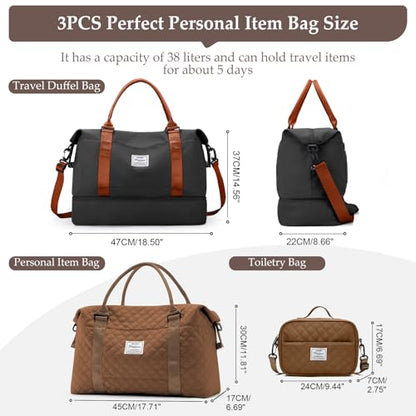 Weekender Bags for Women,Travel Duffle Overnight Bag with Shoe Compartment,Personal Item Carry On Bag,Black & Brown,Large,3 Pcs Set - color: B-BlackBrown-3PCS-4051, size: Large