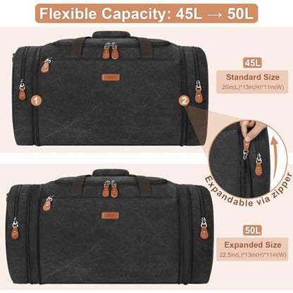 TIBES Duffle Bags for Travel Expandable 50L Canvas Weekender Bag, Overnight Bag Travel Duffel Bag for Men Women Carry On for Travel Weekend Overnight Gym, Durable & Water-Resistant - color: 4-Dark Grey