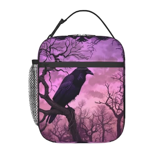 Gothic Raven Forest Lunch Bag for Women Men Adults, Insulated Lunch Box for Work, Sports, Travel, Picnic, Hiking, Fishing, Dark Purple Crow Theme Lunchbox Gifts - color: Raven