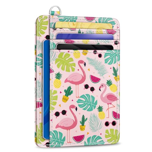 Yonlevres Flamingo Credit Card Holder Slim Wallet Women, Tropical Leaf RFID Blocking Small Wallet Woman, Front Pocket Travel Cute Thin ID Window PU Leather Mini Organizer Case Purse Gift Girls Ladies - color: Flamingo