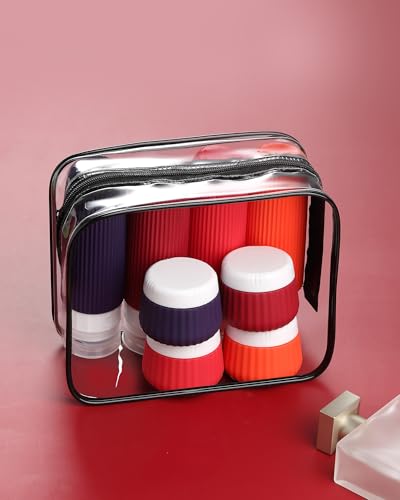 Mrsdry Travel Bottles for Toiletries 8 Pack, TSA Approved 3 oz Travel Containers, Clear Bag, Leak Proof Silicone Squeezable Jars - color: Dark Red, size: Bottle 3oz Jars 1oz