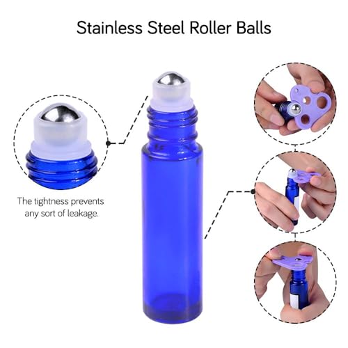 PrettyCare Roller Bottles For Oils 10 ml (Blue Glass, 24 Pack, 2 Extra Stainless Steel Balls, 2 droppers, 1 small brush, 24 Labels, 1 Opener, 1 Funnels Essential Oil Roller Bottles, Roller on Bottles - color: Blue with Black Cap, size: 24 Pack