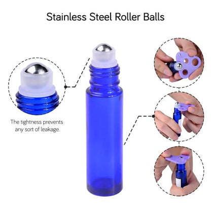 PrettyCare Roller Bottles For Oils 10 ml (Blue Glass, 24 Pack, 2 Extra Stainless Steel Balls, 2 droppers, 1 small brush, 24 Labels, 1 Opener, 1 Funnels Essential Oil Roller Bottles, Roller on Bottles - color: Blue with Black Cap, size: 24 Pack