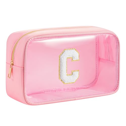 Personalized Initial Clear Makeup Bag Cosmetic Bags Travel Toiletry Bag Essentials Emergency Pouch Gifts for Girls Girlfriend Kids Birthday Graduation Teacher (Pink C) - style: C