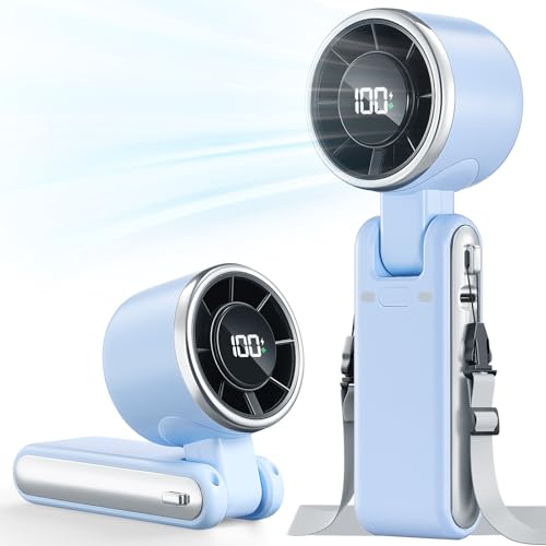 Portable Handheld Turbo Fan - 5 Gear High Speed 4000mAh Rechargeable Mini Personal Hand Fan Blow Cold Air, Battery Operated Travel Essentials, Gifts for Women, Men (Dew Drop Blue) - color: Dew Drop Blue