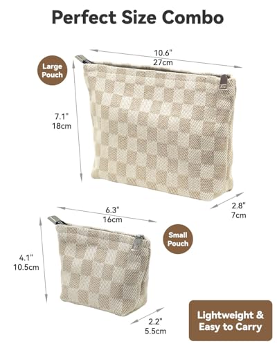 2 Pcs Checkered Makeup Bag Set Canvas Cosmetic Pouch for Women Large & Small Cute Preppy Aesthetic Travel Toiletry Pouch Organizer for Purse Skincare Brushes, Khahi - style: Khahi Checkered Canvas
