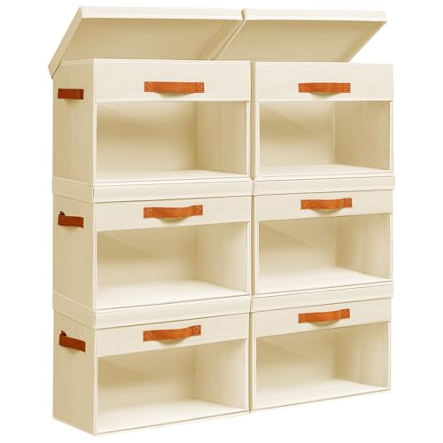 Homsorout Large Storage Bins with Lids - 6 Pack Foldable Decorative Organizers with Clear Windows & Handles, Cube Storage Organizers for Clothes, Blankets, Sweaters, CD, Beige - color: Beige, size: 16.5 Inch-6 Pack