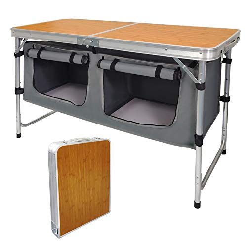 Folding Camping Table with Storage Lightweight Camp Tables Portable Indoor/Outdoor Collapsible Table Height Adjustable Camp Kitchen Perfect for Picnic, Beach, Travel, Tailgating, Backyards, BBQ, Party - color: Bamboo Standard