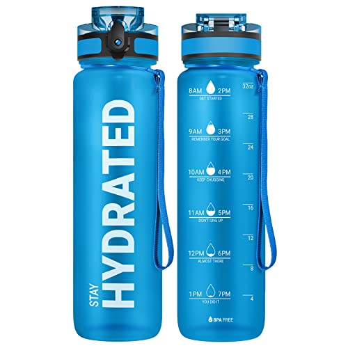 Sahara Sailor Water Bottle 32oz, Durable and Leakproof Water Bottles Motivational with Time Marker, Tritan, BPA Free, Wide Mouth with Easy Clean Brush for Gym, Travel, Home, School, Office (1 Bottle) - color: Blue Soda, size: 33.8 Ounces