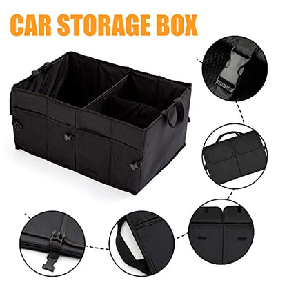 50L Car Trunk Organizers with Handle - Oxford Car Storage Box, Multi Compartment Foldable Trunk Organizer for SUV, Auto, Truck, Black